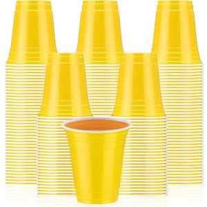 Sabary 100 Pack 12oz Plastic Cups Yellow Graduation Heavy Duty Drinking Disposable Cups with Lines for Beverage Holiday Wedding Camping Barbecues Birthday Party Outdoor Picnic(Yellow and White)