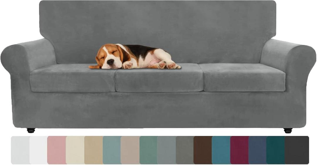 ZNSAYOTX Oversized Velvet Couch Cover 4 Piece (92"-115") Stretch Sofa Covers for 3 Cushion Couch Thick Soft XL-Slipcover with Non Slip Strap, Dog Pet Friendly Nice Furniture Protector (Grey)