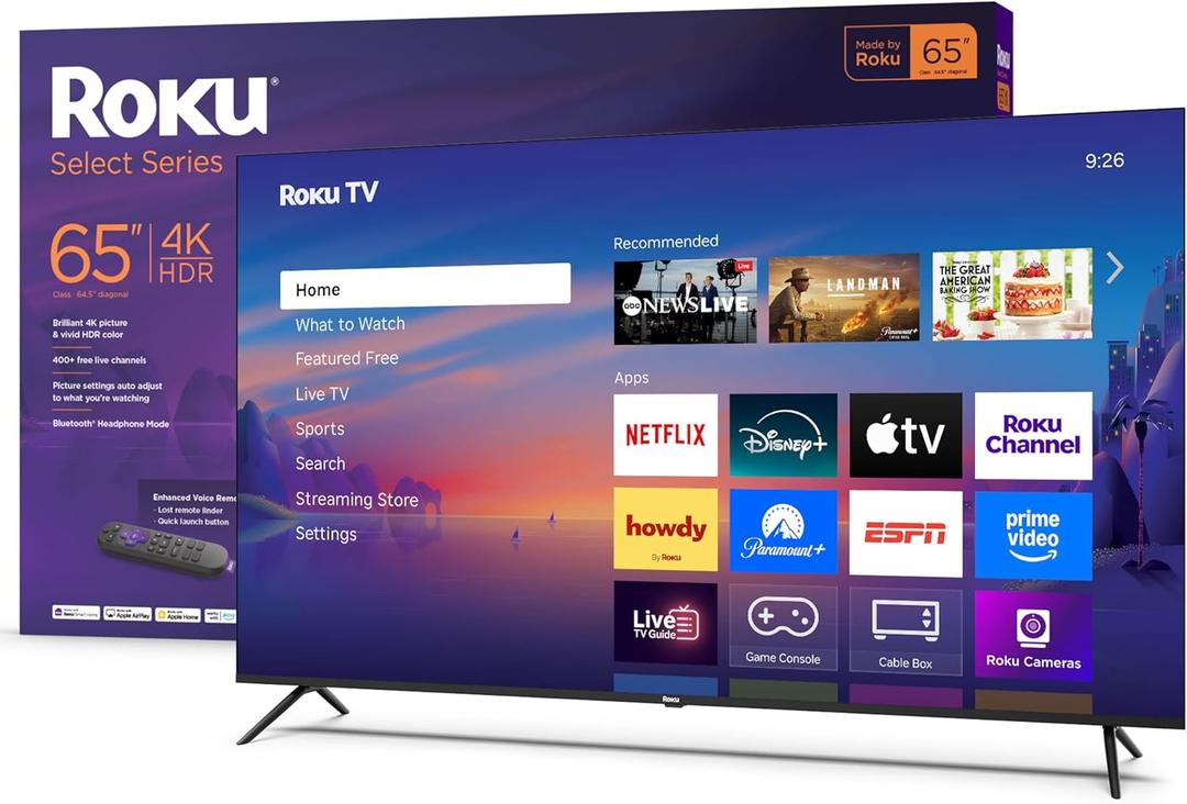 Roku Smart TV 65-Inch Select Series, 4K HDR TV RokuTV with Enhanced Voice Remote Flat Screen LED Television with Wi-Fi for Streaming Live Local News, Sports, Family Entertainment