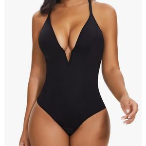 Women's Deep V Neck Bodysuit Double Lined Plunge Tummy Control Shapewear Thong Body Suits Cami Black XL