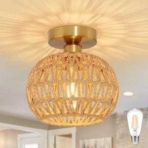 8.6 Inch Rattan Light Fixtures Ceiling Hand Woven Ceiling Light Fixtures Flush Mount Boho Light Fixtures Wicker Ceiling Light with Woven Shade for Hallway Bedroom