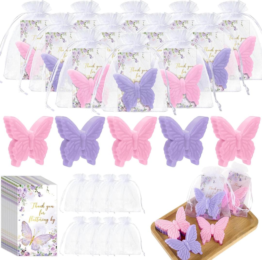 Dunzy 50 Set Wedding Favors Butterfly Theme Baby Shower Favors for Guests Butterfly Soap Gifts with Thanks You Card Gender Reveal Baptism Party Decorations Engagement Souvenirs (Purple,Pink)