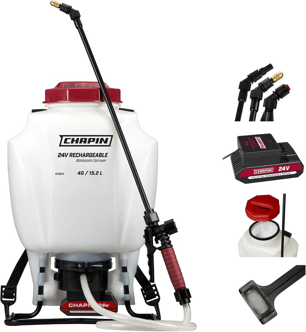 Chapin 63924 Backpack Sprayer, 4Gallon 24V BatteryPowered, Translucent Poly Tank, 6" WideMouth Opening, 3Stage Filtration & Adjustable Brass/Poly Nozzles for Fertilizer, Weed & Pest Applications
