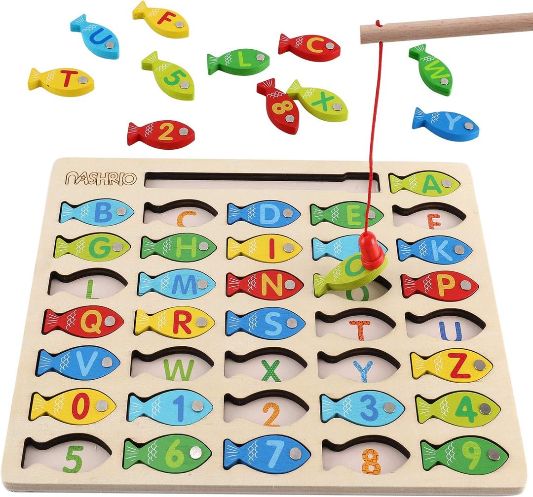 Magnetic Wooden Fishing Game Toy for Toddlers, Alphabet Fish Catching Counting Games Puzzle with Numbers and Letters, Preschool Learning ABC Math Educational Toys 3 4 5 Years Old Girl Boy Kids (Multicolor)