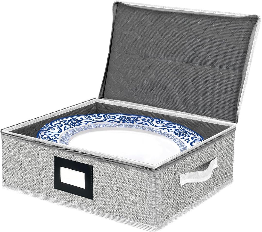 Homyfort Platter Storage Case Box, China Storage Containers Hard Shell, 5 Felt Dividers Included, Structured Top and Stackable Platter Storage Containers (Grey)