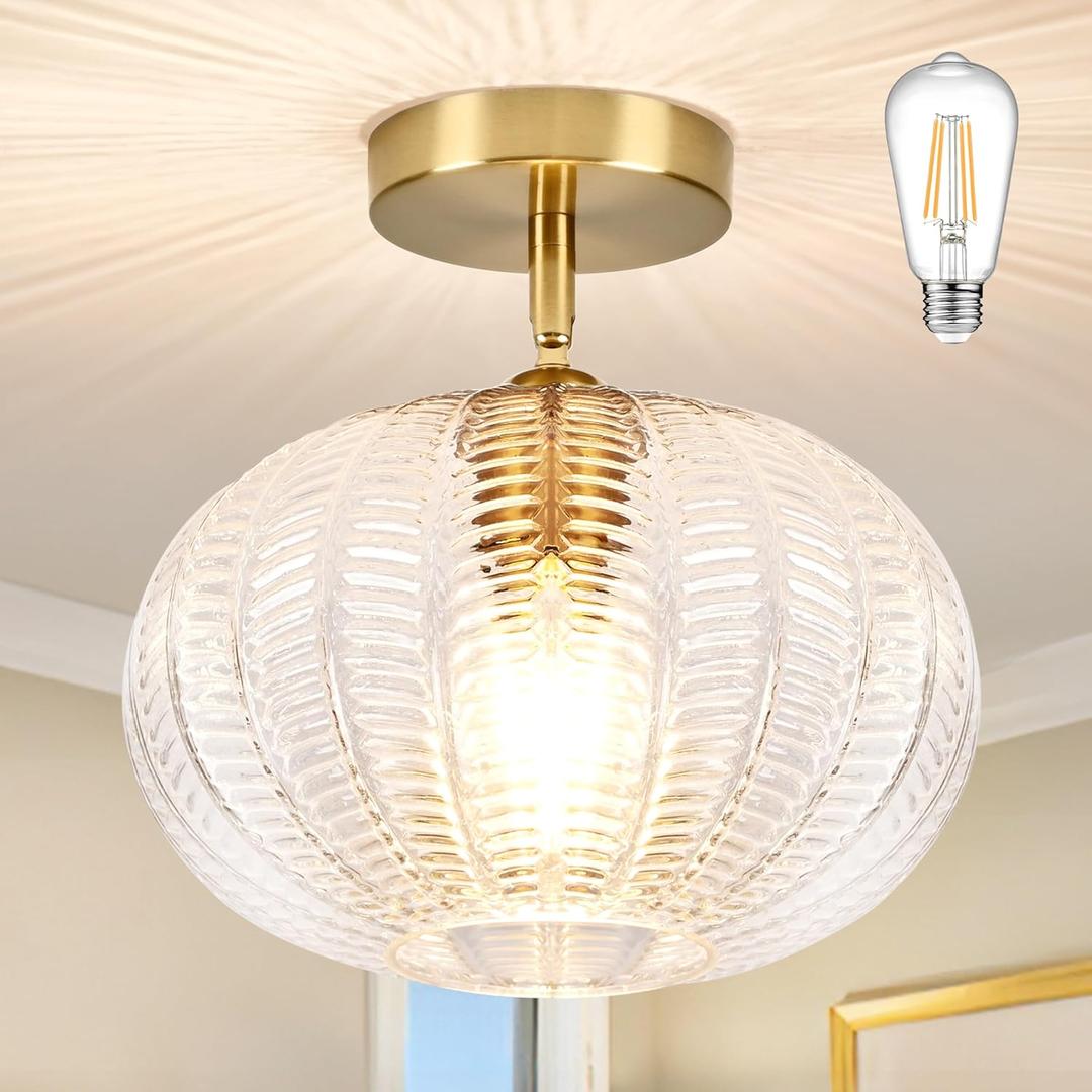 Gold Semi Flush Mount Ceiling Light Fixture Vintage Ceiling Light Fixture Farmhouse Globe Glass Mid Century Textured Glass Hallway Fixture for Bathroom Entryway (Bulb Incl.)