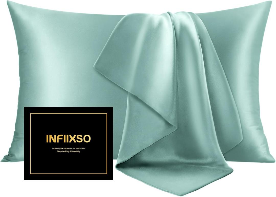INFIIXSO Mulberry Silk Pillowcase for Hair and Skin, Silk Pillow Cases Standard Size with Hidden Zipper 20x26 Inches, Ultra Smooth and Soft Cooling Pillow Cases for Hot Sleepers(ICY Morn, 1 Pack)
