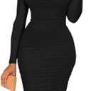 BEAGIMEG Women's Ruched Long Sleeve Elegant Bodycon Basic Casual Midi Dress (Large, Black)
