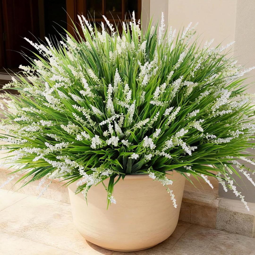 Ivydale 20PCS Artificial Plants Fake Flowers Monkey Grass for Outdoors,UV Resistant Realistic White Faux Greenery Shrubs Outside Decor for Home Garland Porch Patio Balcony Planter Yard Office Pathway