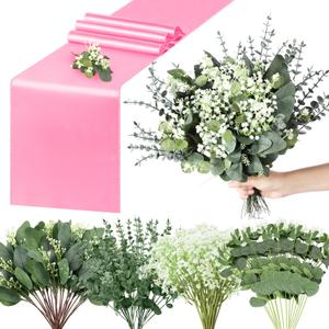 Zeyune 12 Pcs Pink Satin Table Runners With120 Pcs Artificial Eucalyptus Leaves Stems for DIY Wedding Baby Shower Table Decor 12'' x 108'' Tables Runners for Boho Party Home Engagement Party Decor