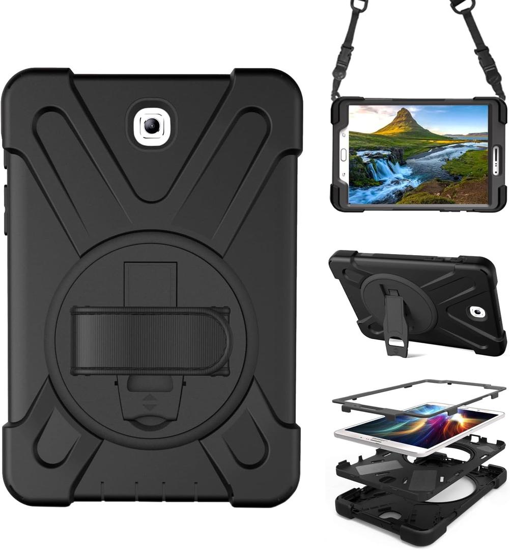 Case for Samsung Galaxy Tab S2 8.0 2015 (SM-T710/T713/T715/T719),Portable Heavy Duty Drop proof Protective Cover Case with 360 Rotating Stand, Handle & Shoulder Strap, Stylus Pen (New Black)