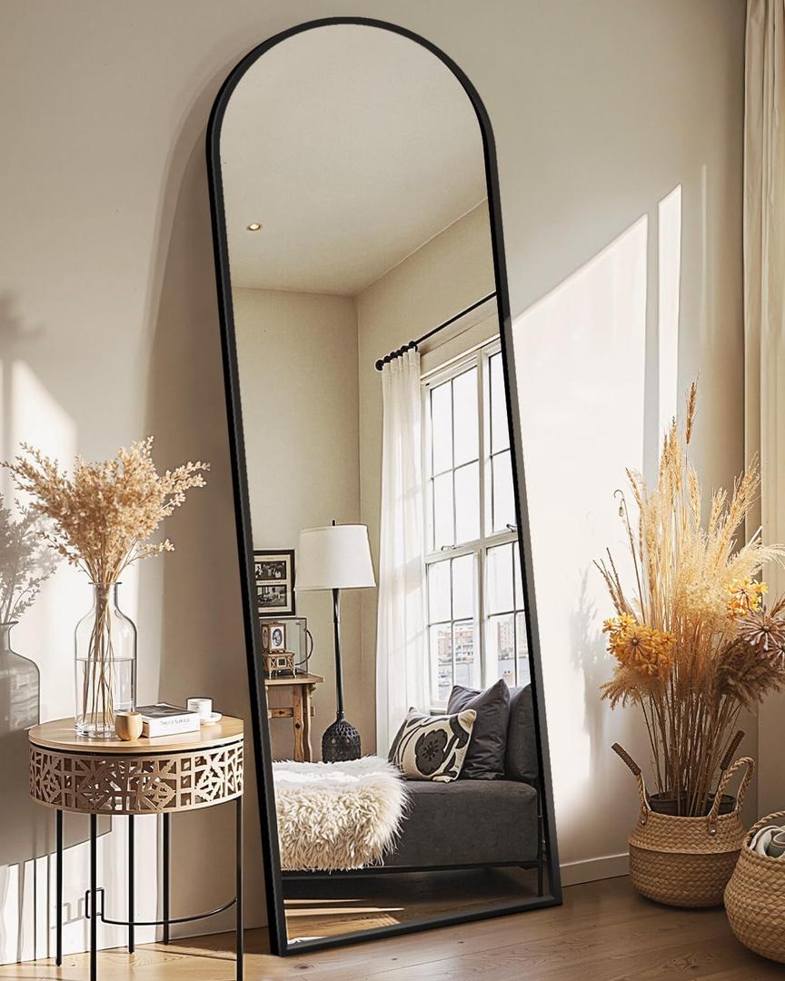Delma Arched Mirror Full Length,Standing Mirror Full Body,Large Floor with Stand for Wall Entryway Door Bedroom Bathroom Living Room, Black Frame, 56"L x 15"W
