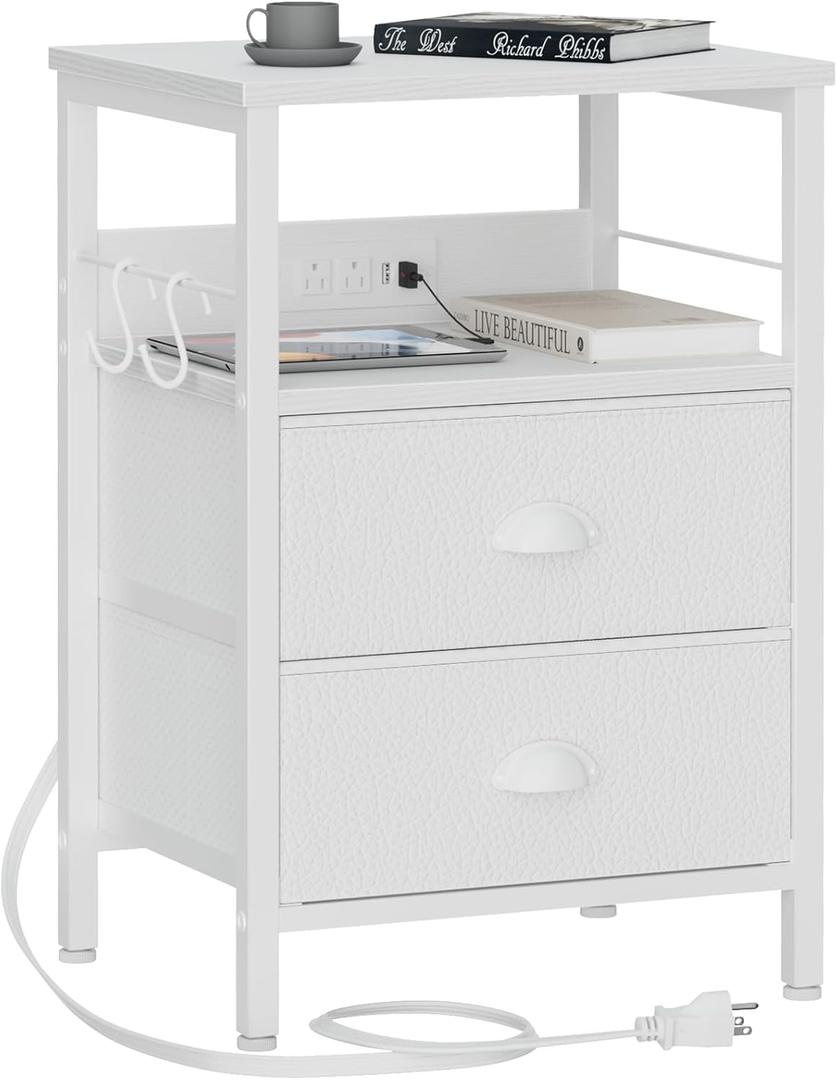 Furologee End Table with Charging Station, Nightstand with Fabric Drawers, Side Tables with USB Ports & Outlets, Night Stand with Storage Shelf & Hooks, for Living Room/Bedroom, White (1 pc)