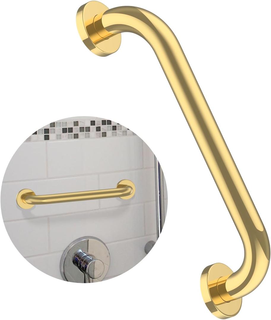 12 Inch Stainless Steel Shower Grab Bar, ZUEXT Gold Shower Handle, Bathroom Balance Bar, Safety Hand Rail Support Bar for Handicap Elderly Injury, Senior Assist Bath Tub Wall Concealed Mount Handle
