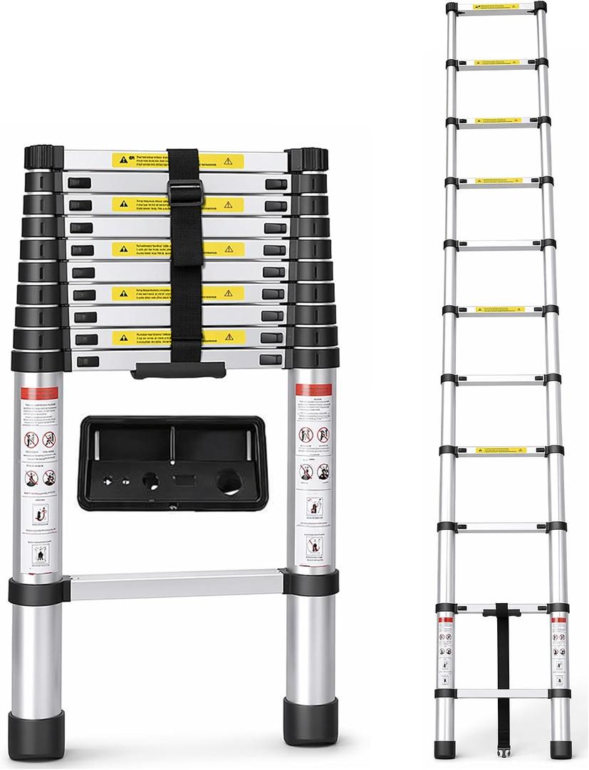 10.5 FT Telescoping Ladder Aluminum Lightweight Extension Ladder | Heavy Duty 300lbs Max Capacity, Multi-Purpose Collapsible Retractable Ladder for Home, RV, Attic or Outdoor Work