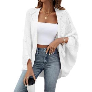 Sidefeel Women's Crochet Oversized Cardigan Sweaters Boho Long Batwing Sleeve Knit Open Front Shrugs Lightweight Sweater (Large, White)