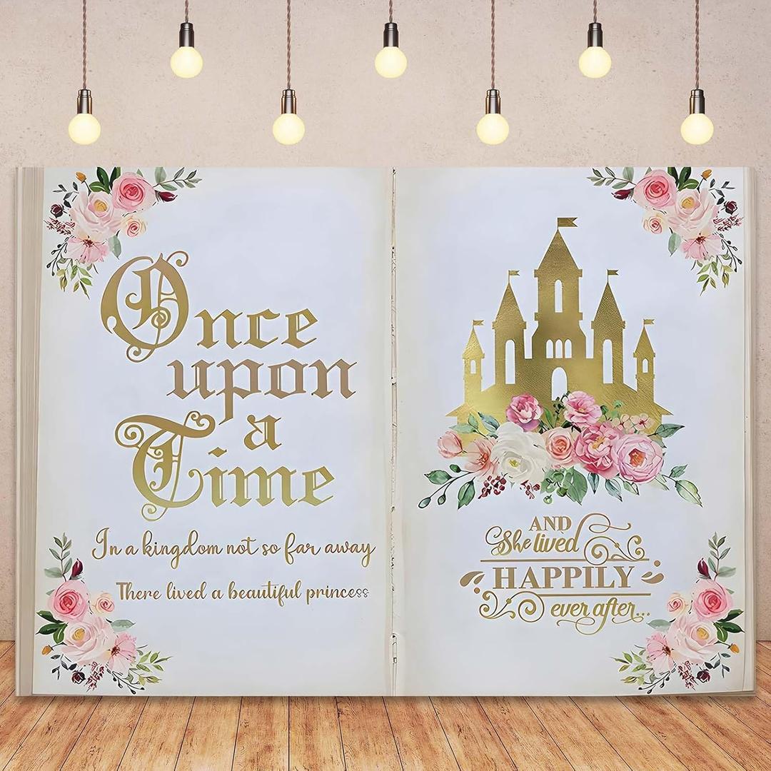 Once Upon a Time Backdrops Fairy Tale Books Backdrop Pink Floral Gold Castle Princess Fairytale Birthday Party Decor Princess Romantic Wedding Birthday Party Magic Book Background Banner Props 7x5FT
