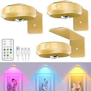 WILLED Wireless Picture Lights for Wall, Puck Lights with Remote, 1200mAh Rechargeable Battery Operated Wall Lights, 9RGB Colors, Dimmable&Timer, Gallery Lights, Art Display Lighting for Paintings/ 3 Pack
