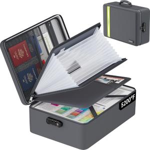 Fireproof Document Bag, Insulated Large Document Box with Lock, Important Document Organizer with Waterproof Zipper, Portable Soft Home Travel Office Safe Storage with 13 Accordion File Folder,Gray (17" x 12" x 5.3",13 pockets transparent)