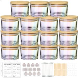 4oz Iridescent Candle Jars 15 Pack, Small Wide Mouth Glass Empty Candle Jars with Bamboo Lids for Making Candles, Bulk Candle Container with Wick Kit, Ideal for Candle Business Owners
