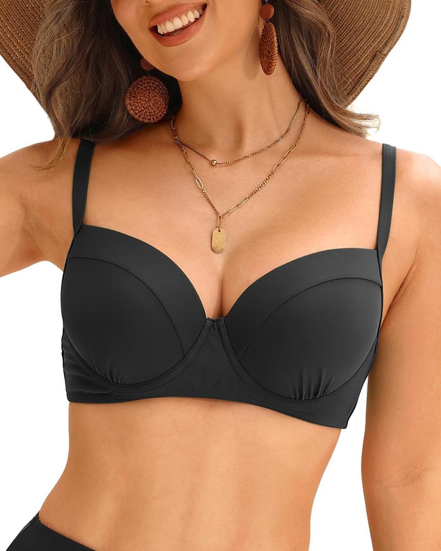 Tempt Me Underwire Push Up Bikini Top - Women Swimsuit Tops Bathing Suit Bra Top Only (Large, Black)