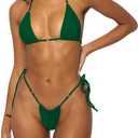 Women Halter String Bikini Set Sexy Thong Cheeky Two Piece Swimsuits Solid Color Bathing Swimwear (Dark Green), XS