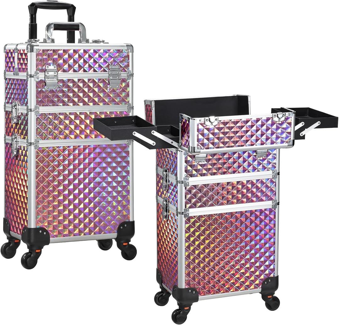 FRENESSA 3 in 1 Rolling Makeup Train Case Portable Cosmetic Trolley Large Storage for Professional with 360 Swivel Wheels Salon Barber Case Traveling Cart Trunk - Glitter Pink