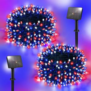 Red White and Blue Lights Solar String Lights Outdoor Waterproof Total 100LED 33FT Memorial Day Decorations 8 Modes for Yard/Patio/Tree, 16.4Ft*2, 50LED*2 for 4th of July Decorations