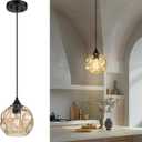 Emliviar 7 Inch Adjustable Mini Chandelier, Round Ceiling Pendant Lighting Fixture with Hammered Glass, Amber Finish, DYE287G2-MIL BK