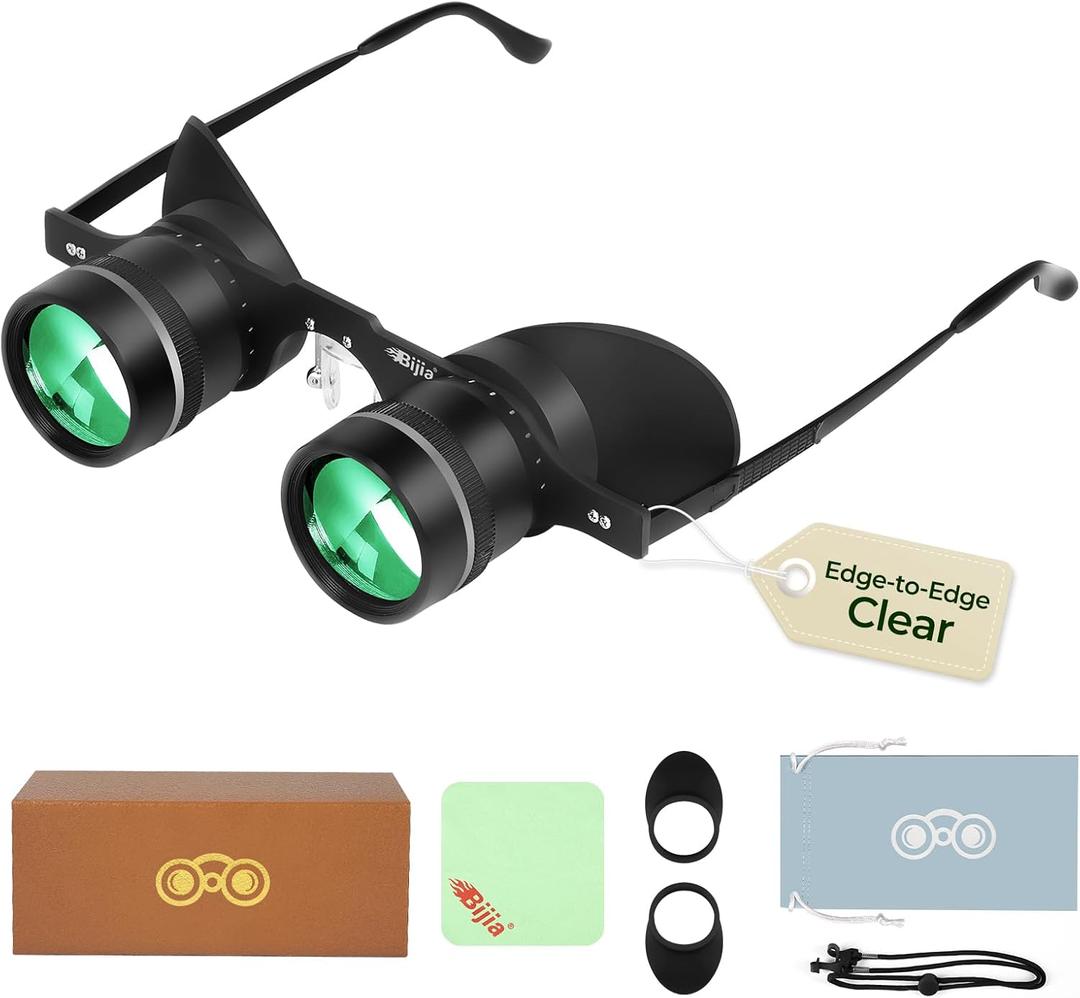 BIJIA 3X Hands-Free Binocular Opera Glasses, for Concerts, Theater, Opera, Sports Events, Travel, Museum, Wildlife Close Viewing and Fishing, Clear Edge-to-Edge Optics, Adjustable Focus (Green Film)