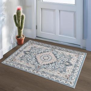 Foxmas Small Rugs for Entryway 2x3 Feet, Non-Slip Doormat Indoor Entrance Vintage Washable Area Rug, Low Pile Throw Rugs for Entryway Bedroom Kitchen Living Room, Blue