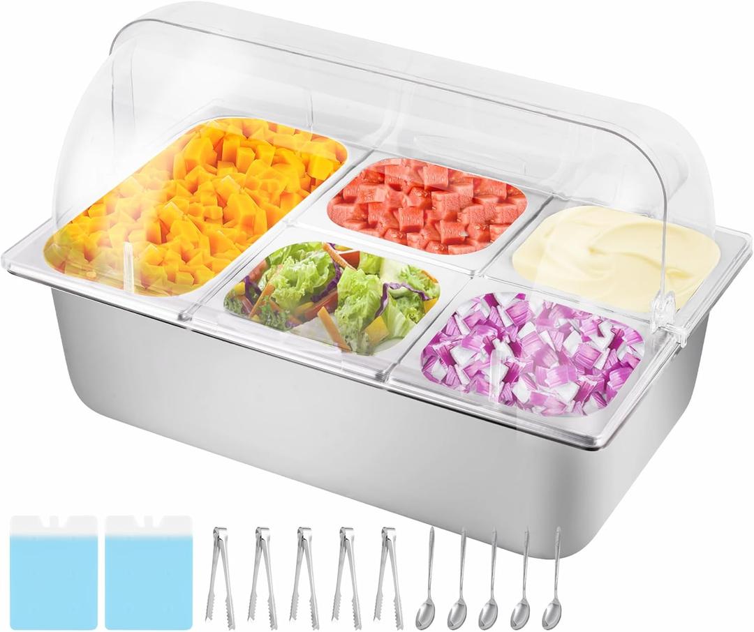 Cold Ice Food Serving Display tray 5 Pan 3 Ice Pack Clear Lid Cooled Condiment Serving Container Dispenser Cold Serving Buffet Server Cooler Spice Food Display Rack Sauce Organizer forParties