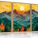 Abstract Mountain Framed Canvas Wall Art Set, Forest Pine Tree Golden Sunset Wall Decor, Mixed Patchwork Landscape Art Print for Living Room, Bedroom, Dining Room, Office - 24"x36"x3