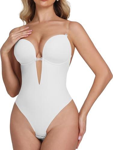 SHAPSHE Backless Shapewear for Women Strapless Deep U Plunge Bodysuit Low Back Body Shaper, Medium