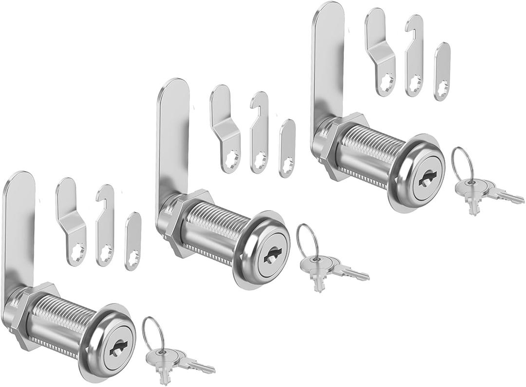 3 Pcs Cabinet Locks with Keys, 1-1/2'' Cam Lock Keyed Alike Fit 1-3/8'' Max Panel, Drawer Locks with Keys Secure Desk Drawer Toolbox Mailbox RV Storage Door, Zinc Alloy (Silver)