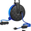 30 Ft Retractable Extension Cord Reel, 16/3 Gauge SJTW Power Cord with 3 Electrical Outlets Pigtail for Garage and Shop, 10 Amp Circuit Breaker, Metal Plate, UL Listed, Blue U30CR06