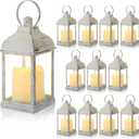 12 Set 10 Inch White Decorative Candle Lanterns Bulk Lanterns Centerpiece with LED Flameless Candle Indoor Outdoor Battery Powered Hanging Lights for Wedding Mother Day Party Decoration