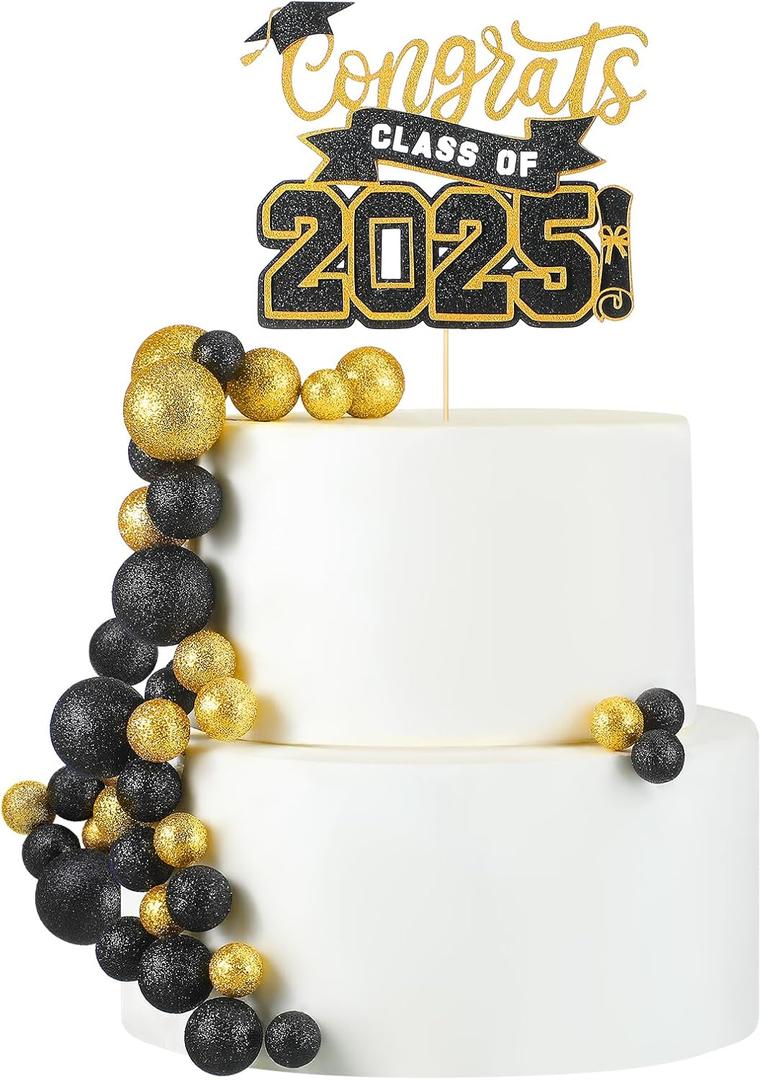 Zhehao 31 Pcs Graduation Cake Topper Class of 2025 Cake Topper Mini Balloon Black and Gold Decorations for Anniversary Party