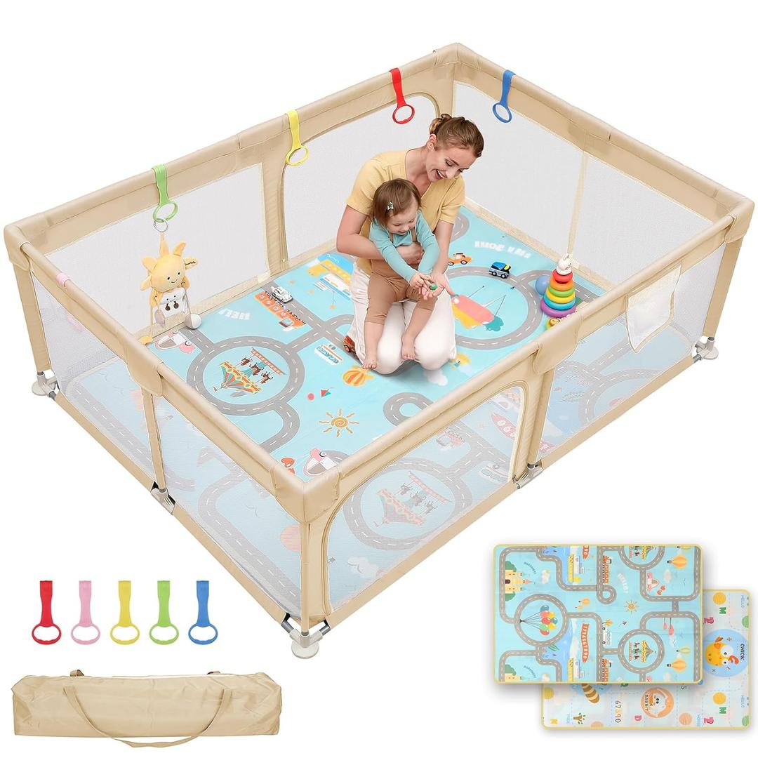 Dripex Baby Playpen with Mat, 71"x47" Play Pen for Toddlers 1-3 Years, Soft Breathable Visible Mesh, Indoor/Outdoor Portable Play Yard with Mat, Safe Baby Fence Play Area, Khaki