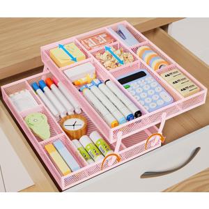 Marbrasse 2 Tier Desk Drawer Organizer, Folding Mesh Tray with 2 Sliding Dividers, Multifunctional Drawer for Office Supplies, Makeup & Vanity (Pink)