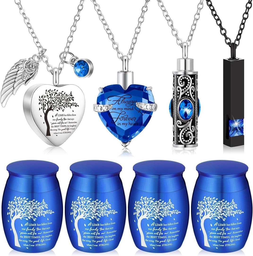 Shimeyao Set of 8 Small Urns for Human Ashes Cremation Urns Keepsake Ash Holders Family Tree Memorial Heart Locket Waterproof for Adults Women Men Loved Ones(Dark Blue)