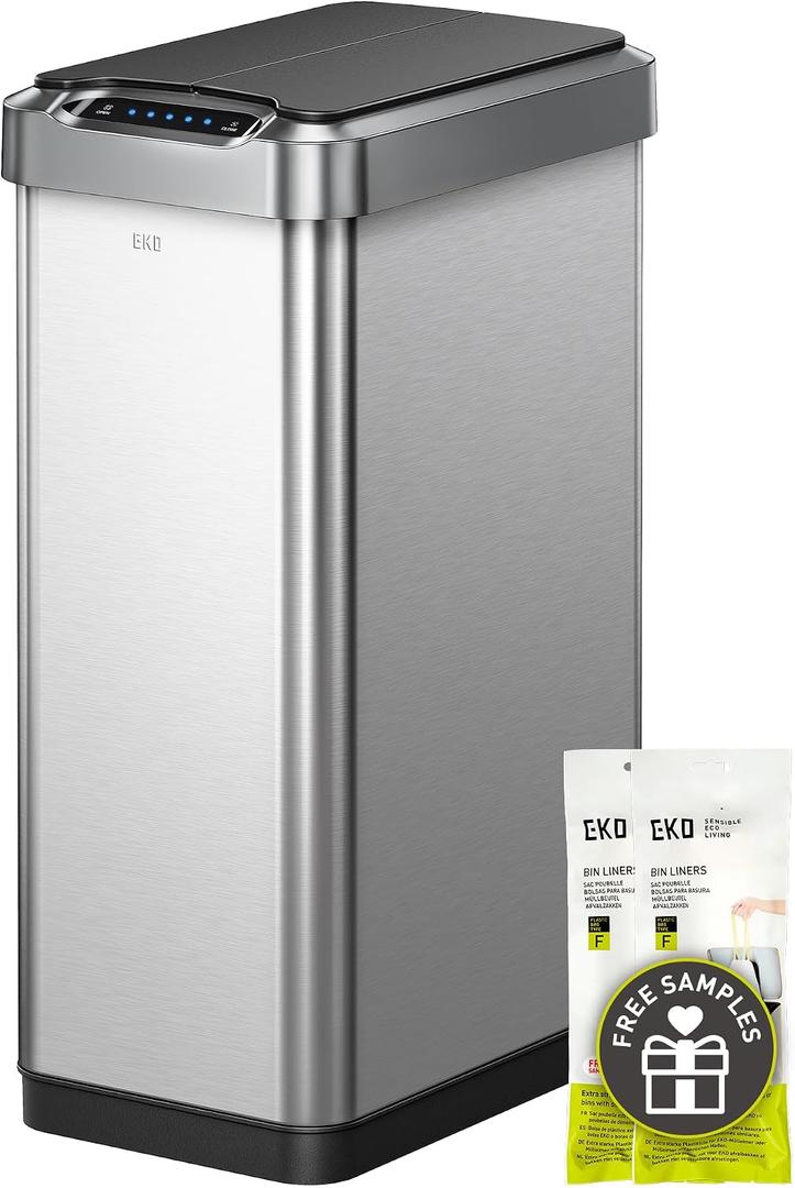 EKO Phantom-T 50 Liter / 13.2 Gallon Vertical Motion Sensor Trash Can, Brushed Stainless Steel Finish