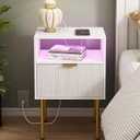 Modern Nightstand with Charging Station and LED Lights, White Bedside Table with Drawer, Fluted Side Table for Living Room, Bedroom