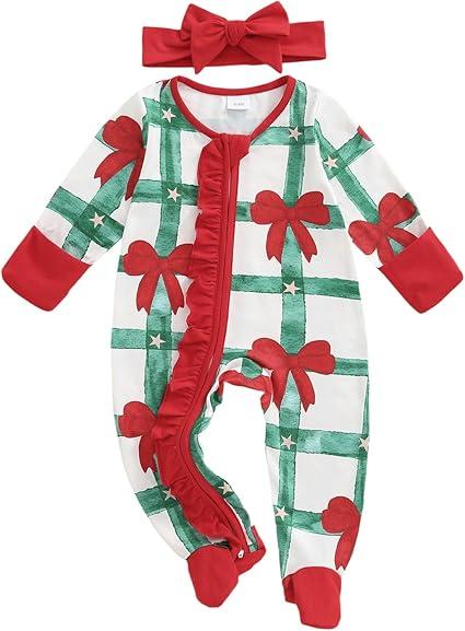 HengShunRui Newborn Baby Girl Christmas Outfits  Ruffle Zipper Footie Romper Jumpsuit Festival Clothes, 3-6M