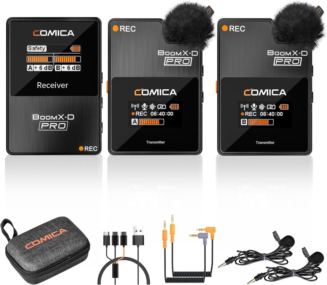 COMICA BoomX-D2 PRO Wireless Lavalier Microphone for iPhone Android Camera PC, Lapel Mic with 16GB Storage, Safety Audio Track, Noise Cancellation, Lav Mic for YouTube TikTok Video Recording (Black)