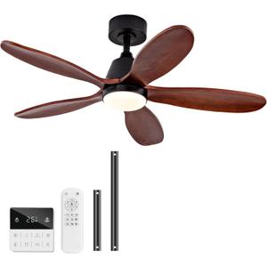 42 Inch Wood Ceiling Fans with Lights and Remote, Modern Ceiling Fan with Light, 5 Blades, Dimmable, Wall Switch, Memory Function, Indoor Outdoor Black Ceiling Fan for Patio Bedroom