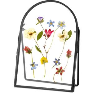 Double Glass Frame for Pressed Flowers Handmade, Metal Floating Picture Frame for Pressed Flower, Tabletop Display, Brass, ArcShaped, Black, 4x6 inches (FRAME ONLY) (4L" x 6W")