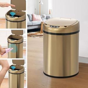 LWADALN Smart Trash Can with Lid Stainless Steel Garbage Can Smart Trash Bin with Automatic Packaging Function, 3.5 Gallon Sensor Waste Bin for Kitchen Bathroom Office,Champagne Gold