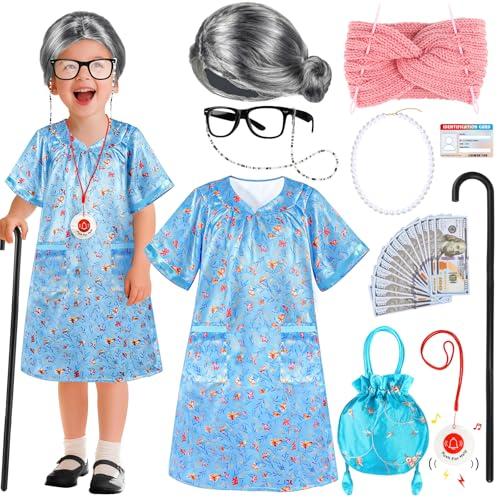 Old Lady Costume for Kids Girls, 100 Days of School Costume for Girls 100th Day of School, Granny Grandma Dress Up Nightgown, Wig, Cane, Glasses, handbag, Play Money Accessories Outfit for Kids 3+ Age