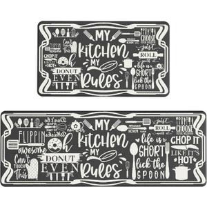 GENIMO Anti Fatigue Kitchen Mats for Floor, Non Slip Washable Kitchen Rules Theme Rugs sets of 2, Farmhouse Cushioned Waterproof Comfort Runner Rug for Kitchen, Sink, Laundry, 17"x 47"+17"x 30", Black